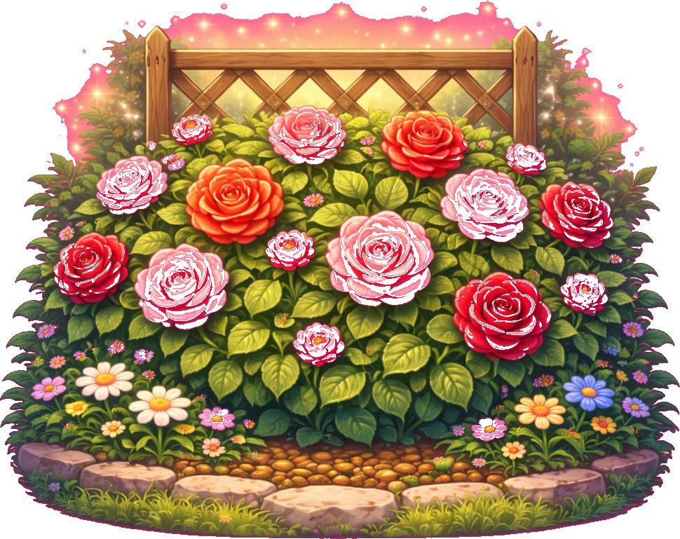 A level set in a rose garden with climbing vines.
